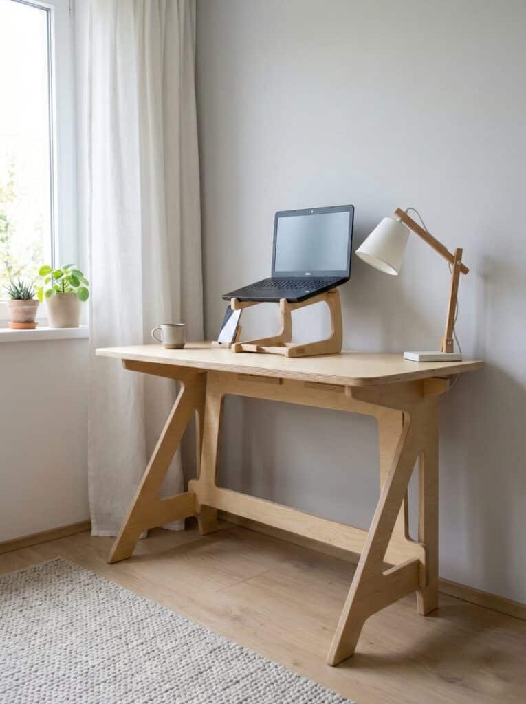 stůl z březové překližky v pokoji se stojánkem na notebook a pracovní lampou
