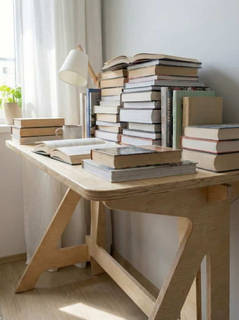 stůl z březové překližky zaplněný knihami aby upozornil na jeho pevnost